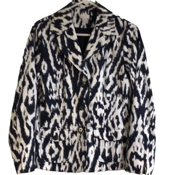 Chico's Eileen Blazer Jacket Size 4 Ikat Print lined button front navy and white - Picture 1 of 8